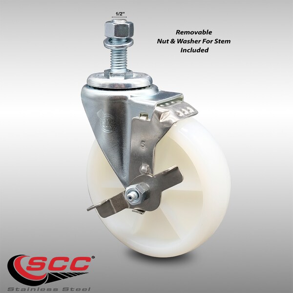 5 Inch SS Nylon Wheel Swivel 1/2 Inch Threaded Stem Caster with Brake SCC